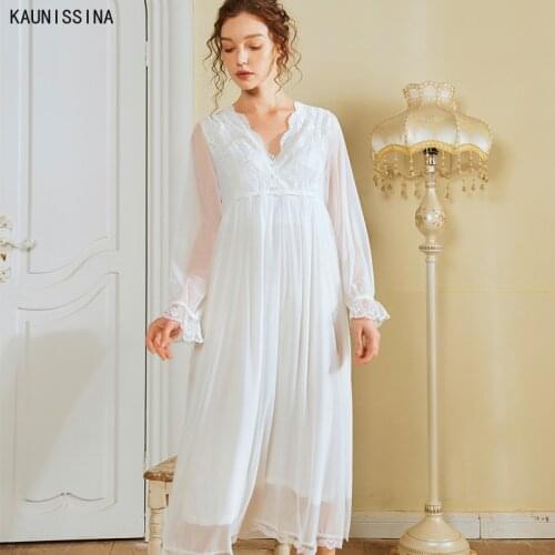 New Women Night Dress White Lace V-Neck Princess Sleepshirts Vintage Ladies Nightgowns Nightdress Cotton Soft Lounge Sleepwear