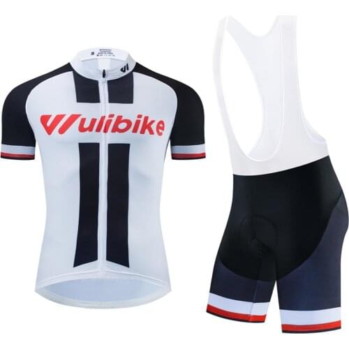 Wulibike black and white cycling clothes mens short sleeve bib set summer Pro cycling Jerseys High elastic sponge Pad bike suit