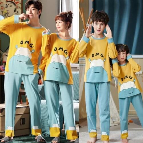 Size 3T-4XL Autumn Cartoon Parent-Child Pajamas For Boys Girls Children Sets Pure Cotton Long Sleeve Home Wear Couples Clothes