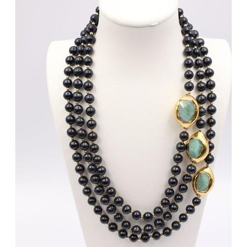 GG Jewelry 3 Strands Natural Black Round Pearl Green Amazonite Nugget Gold Plated Necklace Handmade For Women