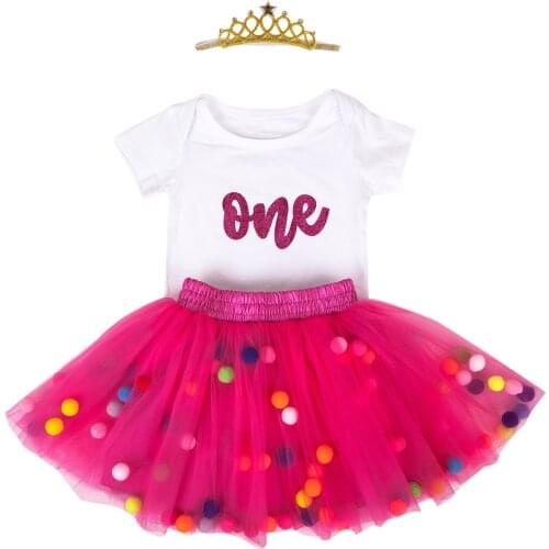 First Birthday Baby Girl Glitter One Birthday Sweet Dress Balls Bubble Tutu Crown Headband for 0-24Months