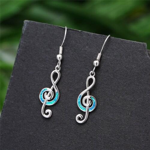 Simple Female Blue Opal Drop Earrings Classic SilveryColor Dangle Earrings Trendy Hollow Music Note Wedding Earrings For Women