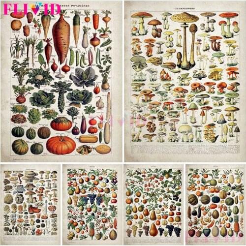 Retro Rrop PosterS And Prints Vegetable Fruit Mushroom Canvas Print Botanical Picture Science Poster Kitchen Decoration Unframed