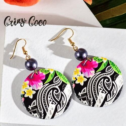 Cring Coco Hawaiian Acrylic Drop Earring 2021 Trendy New Design Frangipane Flower Black and White Earrings for Women Girls Gifts
