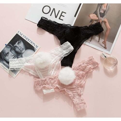 Sexy Lace Panties Cute Rabbit Tail Womens Underpants Breathable Transparent Underwear Comfort Thong Low Rise G-string