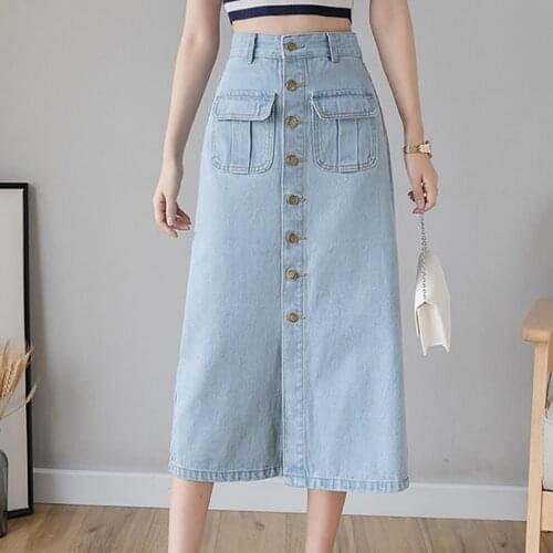 Single-Breasted Slit High Waist Denim Skirt Women Mid-Calf Casual A-Line Solid Blue 2021 Spring Korean Fashion Skirts Pockets