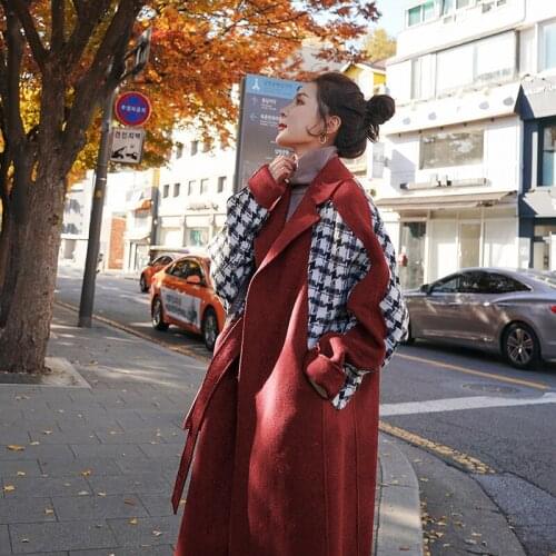 Qianniao Lattice Coat Womens Middle Long Small Fragrant Wind Korean Version Autumn And Winter Wool Stitching Lattice Woolen