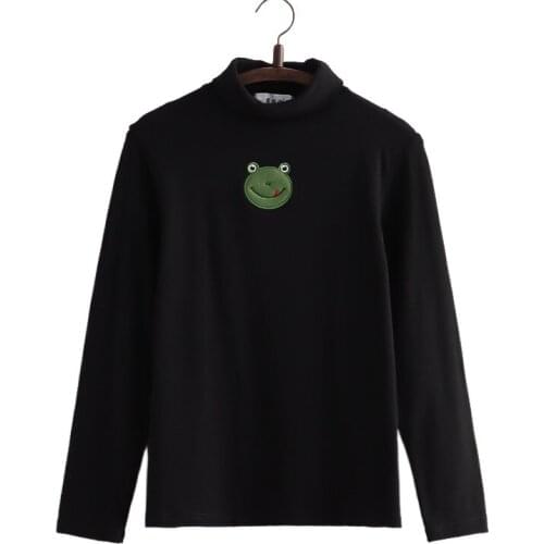 Harakuju Frog Embroidery Turtleneck Women Knitted Pullovers Sweaters 2021 Winter Full Sleeve Warm Jumpers Female Soft Knitwear