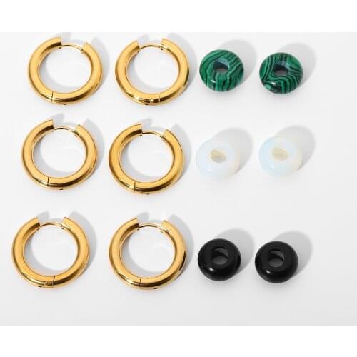 18k Gold PVD Plated Stainless Steel Hoop Earrings White Opal Malachite Black Agate Stone Pendant Huggie Earrings For Women