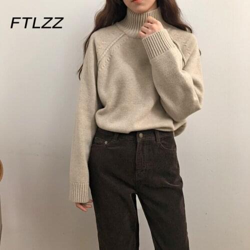 New Autumn Winter Retro Sweater Women Long Sleeve Solid Turtleneck Sweater Woman Casual Lazy Oaf Korean Pullover Knitted Tops