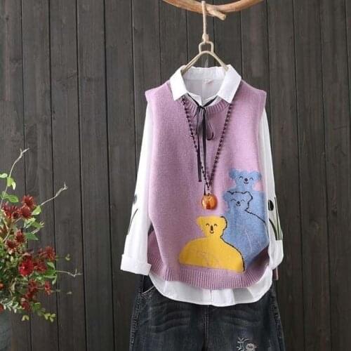 2021 Spring Autumn New Korean Loose Cartoon Bear Jacquard Sweater Round Neck Sleeveless Short Knit Waistcoat Vest Women X371