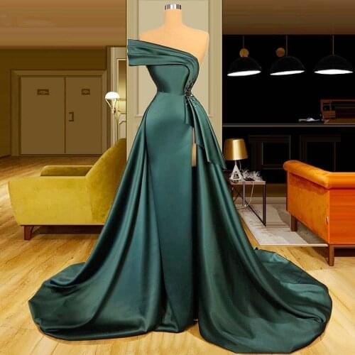 Sexy Dark Green Satin Mermaid Prom Party Dresses One Shoulder Beaded Plus Size Formal Evening Occasion Gowns 2021