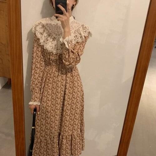 Women Dresses Half High Collar Lace Splicing Long-Sleeves Floral Gentle French Long Sweet Printing Female Fashion Elegant