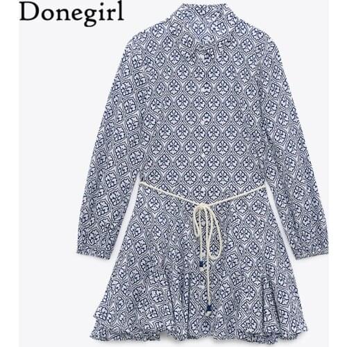 2021 Summer New Style Printed Pleated Dress Lace Up Casual Beach Lapel Lantern Sleeve Elegant Mini Party Vestidos Casual Dress