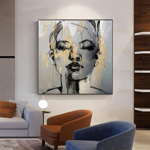 Abstract Figure Golden Girl Face Canvas Painting Fashion Women Square Wall Art Posters And Prints Picture For Living Room Decor