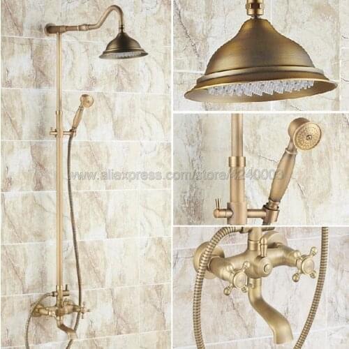 Antique Brass Shower Faucet 8" Rainfall Shower Head Dual Handles with Handheld Shower Spray Krs101