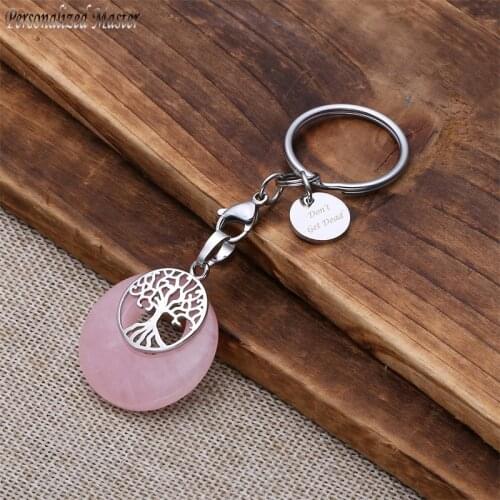 Personalized Master Custom Keychains Tree Healing Crystal Chakra Gem Stone Pendant Key Chain Stainless Steel Key Ring DIY Gift