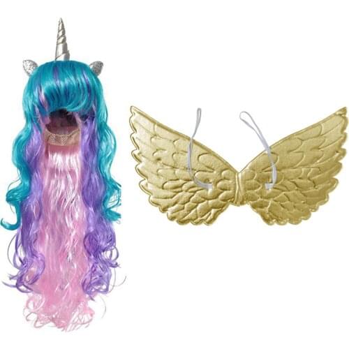 VOGUEON Girls Unicorn Party Accessories Children Princess Wig and Wing Cosplay Photography Props Kids Birthday Halloween Supply