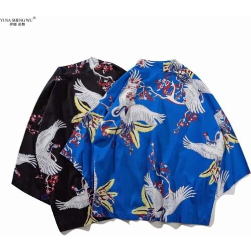 Crane Print Japanese Style Samurai Kimono Streetwear Men Women Cardigan Japan Harajuku Robe Clothes Beach Kimono Shirt Jacket