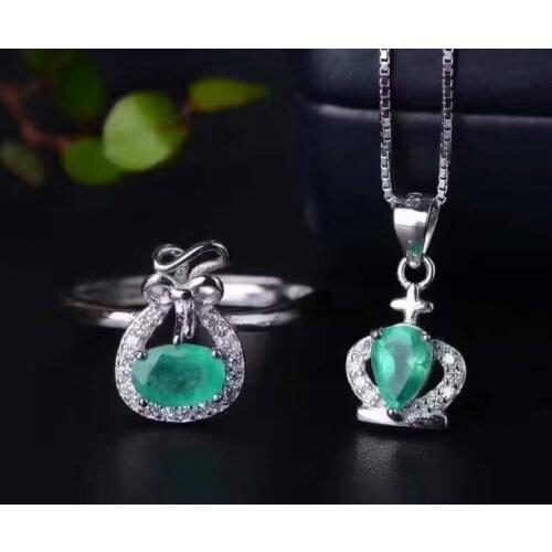 Natural green emerald gem jewelry sets natural gemstone ring Pendant 925 silver Elegant lovely Exquisite Lucky bag fine jewelry