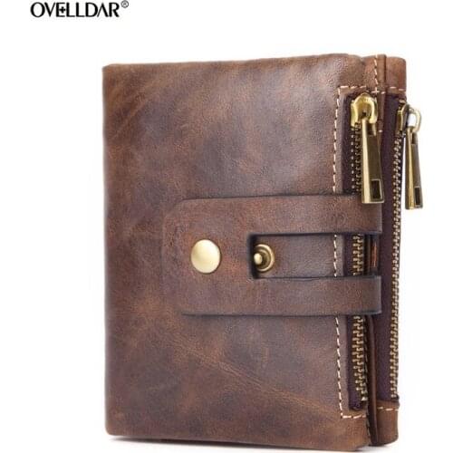 Short Male Genuine Leather Wallet Coin Purse Money Bag Wallet Multifunctional Wallet with Double Zipper Buckle Coin Pocket