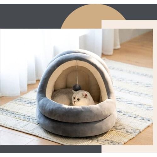 Washable Warm Pet Bed with Elastic Pompom Classic Yurt Style Cat hourse With Pillow Bed For Dog Cat Pet Cushion in Cat Supplies