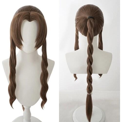 Final Fantasy VII Aerith Gainsborough Wig Cosplay Costume Heat Resistant Synthetic Hair Women Brown Long Braid Wigs + Wig Cap