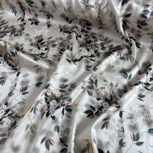 1 Meter Heavy Satin Jacquard Silk Fabric Cheongsam Antique Stretch Plum Blossom White Flowers