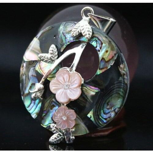 Charms natural blue abalone shell 40mm round carved pink flower fit necklace pendant accessory B1120
