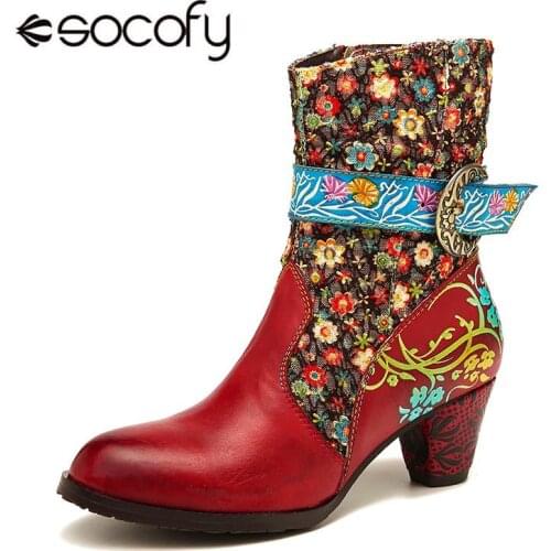 SOCOFY Retro Flower Boots Pattern Stitching Genuine Leather Metal Buckle Zipper High Heel Mid Calf Boots Ladies Shoes Women 2020