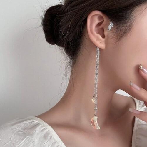 VSnow Fairy Statement Colorful Moon Star Long Tassel Clip Earrings for Women Metal Chain C Shape Rhinestone Earrings Jewellery