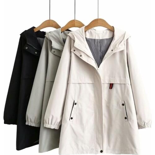 Plus Size Windbreaker For Women Long Sleeves Hoodie Medium And Long Spring And Autumn Jackets Large Size Coat For Fatwomen Wear