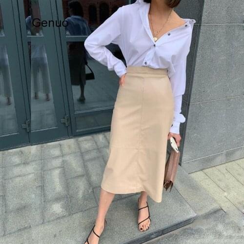 Pu Leather Skirt Women High Waist a Line Autumn Winter Skirts Office Lady Solid Color Fashion Slim Buttoms Ladies Work Skirt
