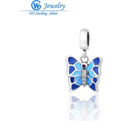 GW Fashion Jewelry European Style 925 Silver Enamel Butterfly Pendant Charm With CZ Jewelry Fits Necklace & Bracelet S255H20