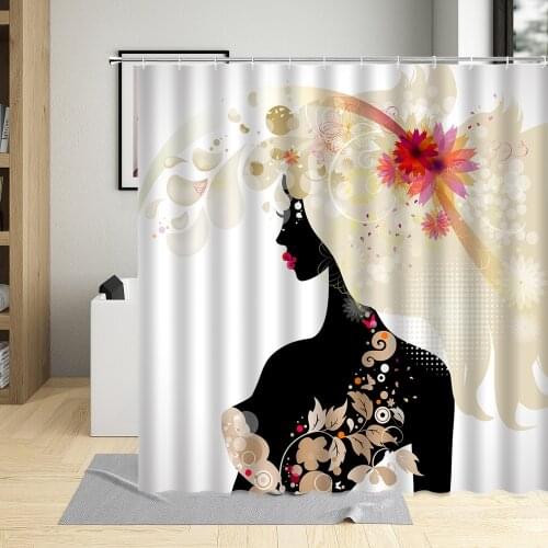 Woman Flower Print Simple Shower Curtain Waterproof Polyester Cloth Leaf Bathtub Curtains For Bathroom Art Decor With 12 Hooks