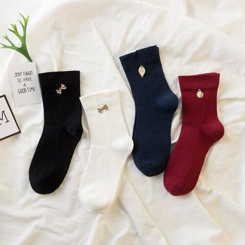 CM10985 2017 New Arrival Caramella Brand Combed Cotton Solid Women Socks Metal Ornaments Fasion Girls Socks for Autumn Winter