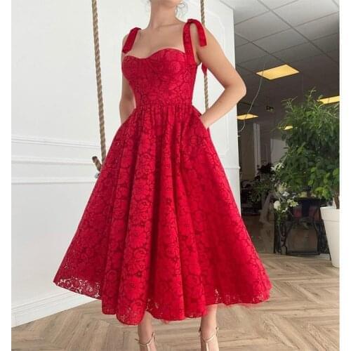 2021 Vintage Fashion Red Spaghetti Strap Ball Gown Lady Sexy Prom Party Dresses Graduation Tea-Leagth Robe Bridesmaid Vestido