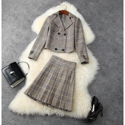 2020 autumn and winter womens new retro double-breasted short jacket + pleated plaid skirt suit