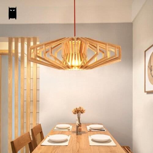 Natural Wood Cage Shade Pendant Light Fixture Nordic Japanese Style Hanging Ceiling Lamp Avize Luminaria Dinning Table Bed Room