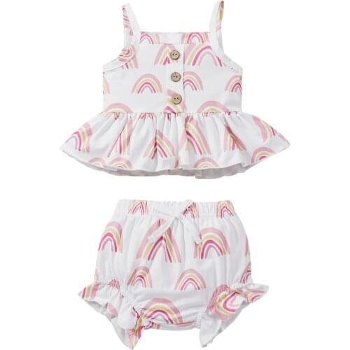 OPPERIAYA Baby Girls Summer Cotton Two Piece Casual Set Fashion Rainbow Button Suspender Tops and Ruffles Triangle Short Pants