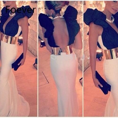 Backless Long Mermaid Ivoy Black Very Deep V Neck Gold Metal Belt Haute Couture Open Back Sexy Spandex Evening Dress