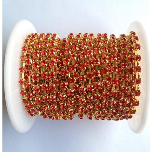 Crystal Strass Rhinestones SS6 to SS38 Gold Base 10 yards/roll Siam DIY Beauty Accessories Red Rhinestone Chain