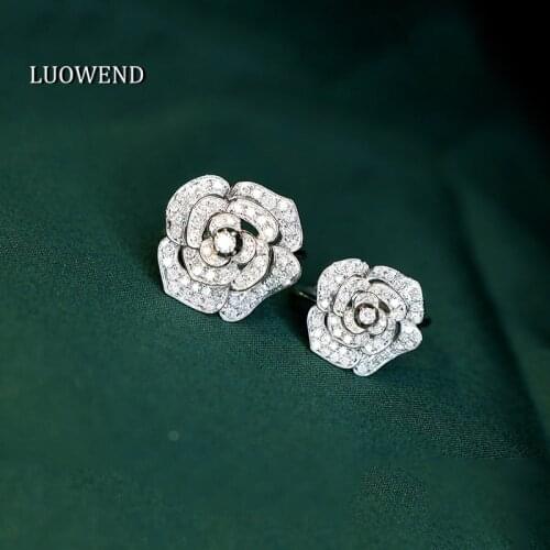 LUOWEND 100% Real 18K White Gold Bague Engagement Ring 0.5 Carat Natural Diamond Ring Elegant Rose Shape Design for Female