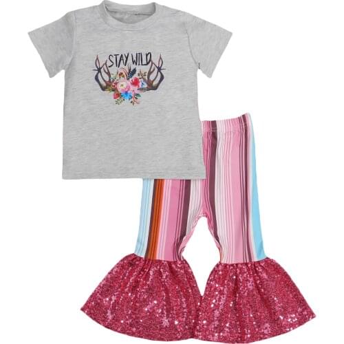 Toddlers Girl’s Fashion T-shirt and Trousers Suit Letter Flower Short Sleeve Tops and Stripe Sequin Trumpet Pants Outfits