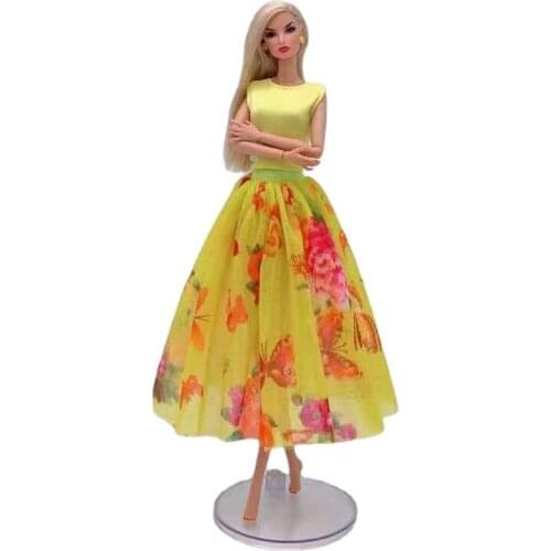 Fashion 11.5" Doll Outfit Barbie Doll Clothes Yellow Floral Butterfly Dress Gown Shirt Top & Midi Skirt 1/6 BJD Accessories Toys