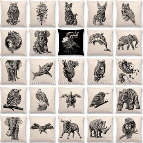 New Ornate Brave Animals Totems Free Beast Faith Tattoo Prints Cushion Cover Sofa Throw Pillow Case Owl Elephant Shark Bear
