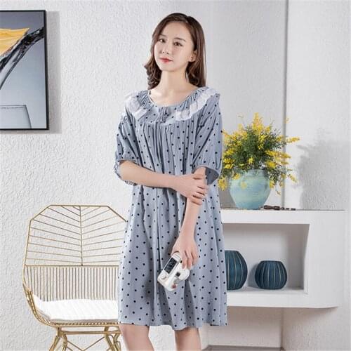 Plus size nightdress spring and summer cotton polka dot lace edge night dress female sweet loose home skirt sexy nightwear