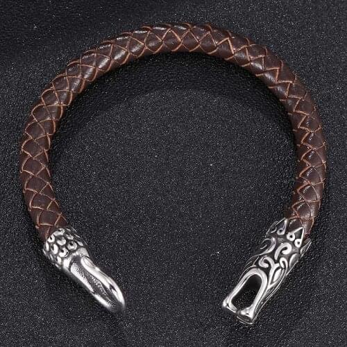 Punk Men Jewelry 8mm Black/Brown Leather Braided Bracelet Stainless Steel Easy-Hook Woven Male Bangles Gifts pulsera masculina