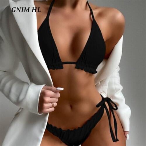 GNIM Sexy Ruffle Swimwear Women Triangle Bikini Set 2021 Bandage Backless Solid Swimsuit Female 2 Pieces High Cut Bathing Suit