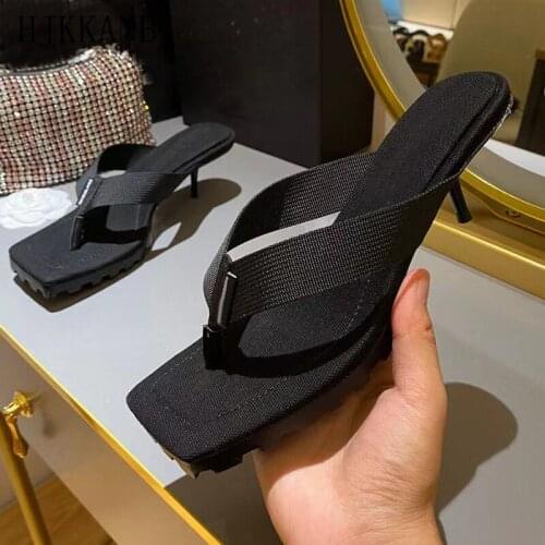 Summer Flip Flops Women Square Open Toe High Heel Slippers Thick Bottom Clip Toe Slides Leisure Dress Shoes Beach Sandals 35-43